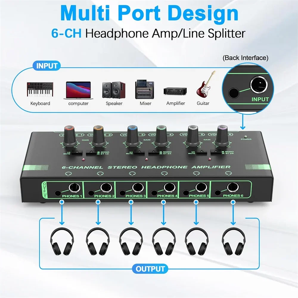 6 Channels Headphone Amplifier Independent Volume Control Compact Mini Earphone Splitter Stereo/Mono Switch for Studio Stage