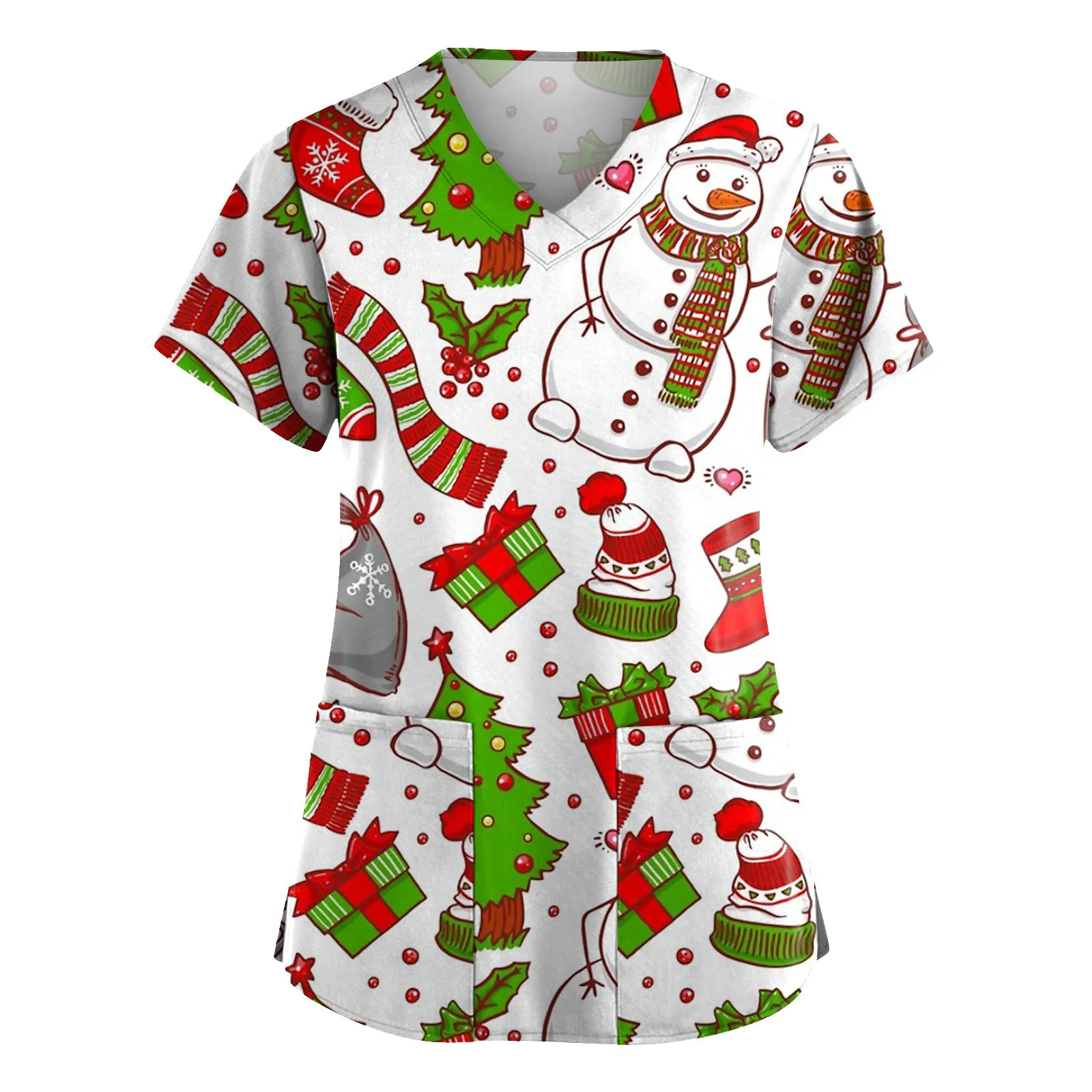 

Scrub Uniform Top Women Fashion Merry Christmas Print Short Sleeve V-neck Tops Working Blouse Shirt Beauty Salon Clinic Workwear