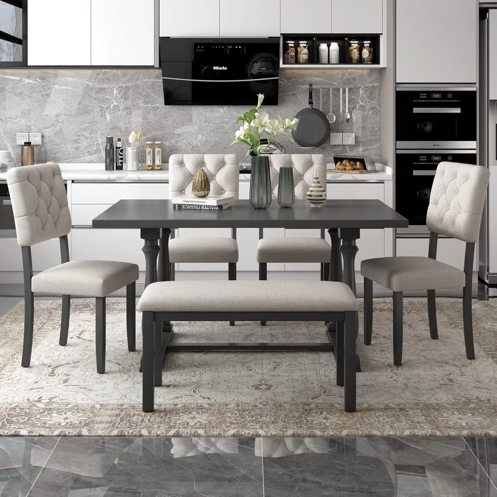 

6 Piece Kitchen Dining Table Set, Wooden Rectangular Dining Table with Upholstered Bench and 4 Chairs, Dining Room Table Set