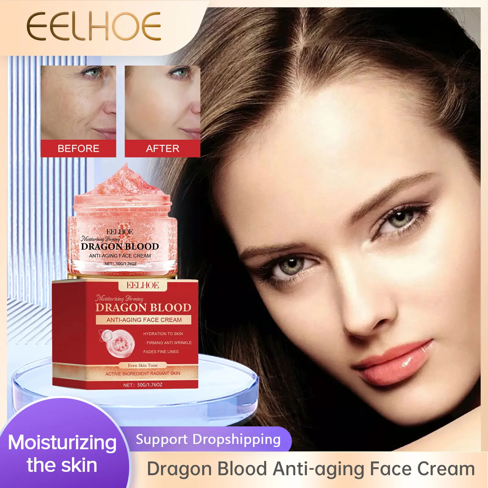 EELHOE Dragon Blood Face Cream Pore Shrinking Facial Rejuvenation Nourishing Hyaluronic Acid Moisturizing Face Brightening Cream