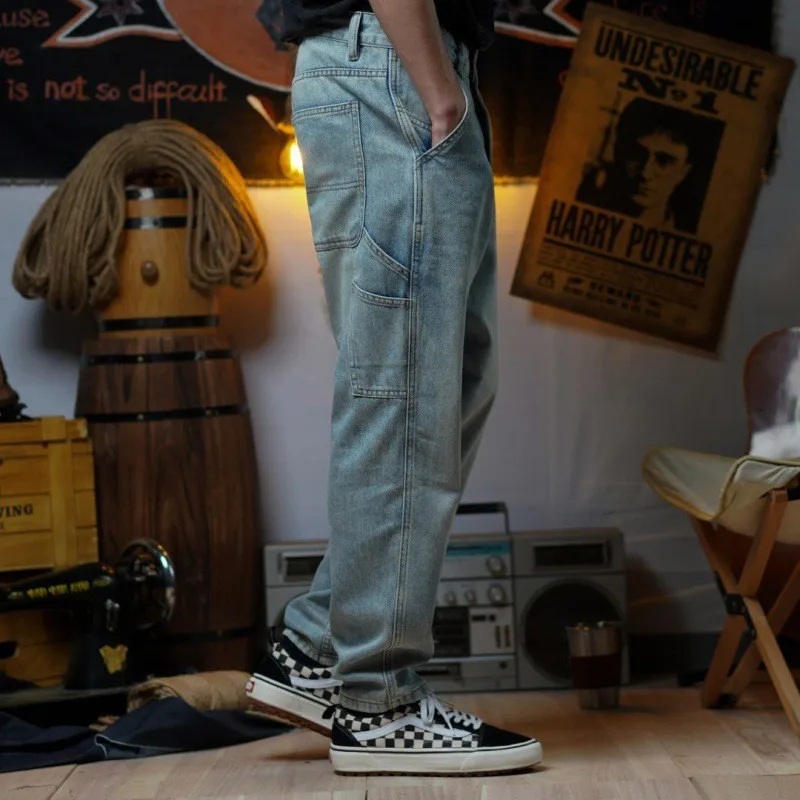 Japanese Style Jeans Men's Loose Micro-Cone Street Trend Straight Slimming Fashion All-Matching Trendy Workwear Washed Trousers