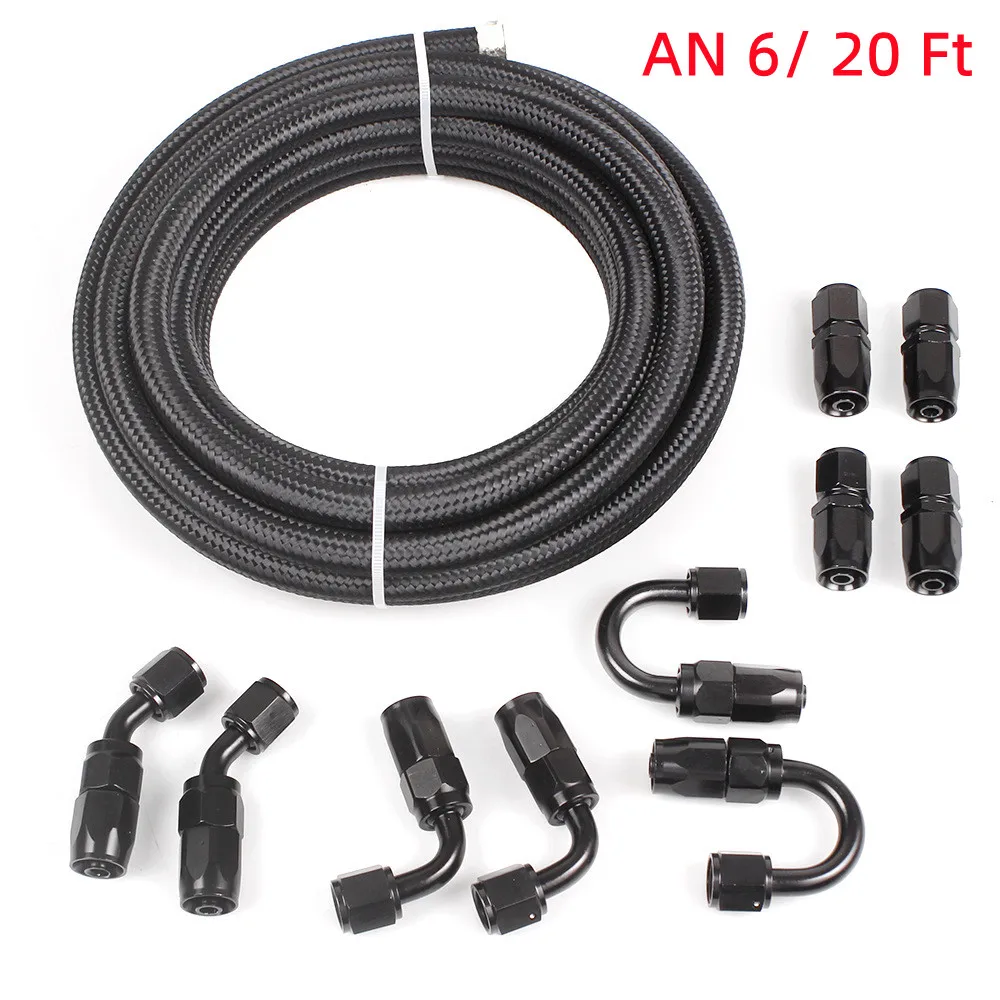 

6AN 20Ft Universal Braided Oil Fuel Line Hose Stainless Steel Nylon CPE with 10PC Swivel Fitting Hose Ends Adapter Kit-Black