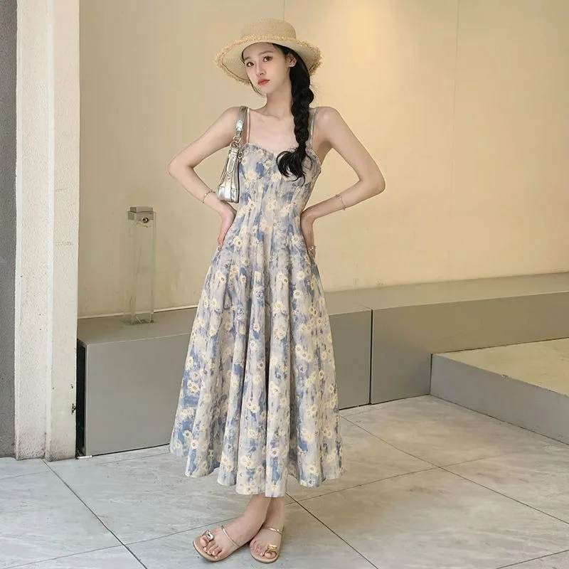 

Blue Floral Dress Women Thin Backless Suspender Summer Beach Long Skirt Korean Style Fashionable Design Sleeveless Female Dress