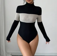 Women's High-Neck Patchwork Long Sleeve Fitted Bodycon Colorblock Fall/Winter Base Layer Skirt Dress - Image 5