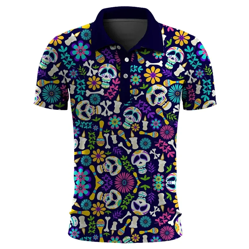 

Funny Skull 3D Print Short Sleeve Polo Shirts For Men Clothes Casual Mexico Lucky Skeleton Graphic Lapel POLO Shirt Button Tops