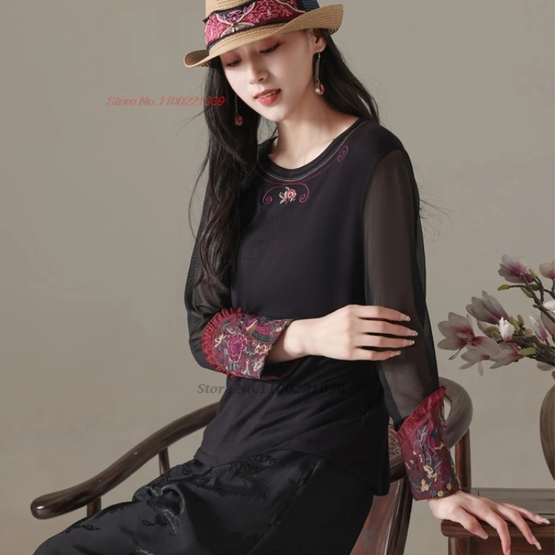 

2024 national flower embroidery ethnic o-neck shirt traditional folk base shirt vintage hanfu top chinese mesh sleeve t-shirt