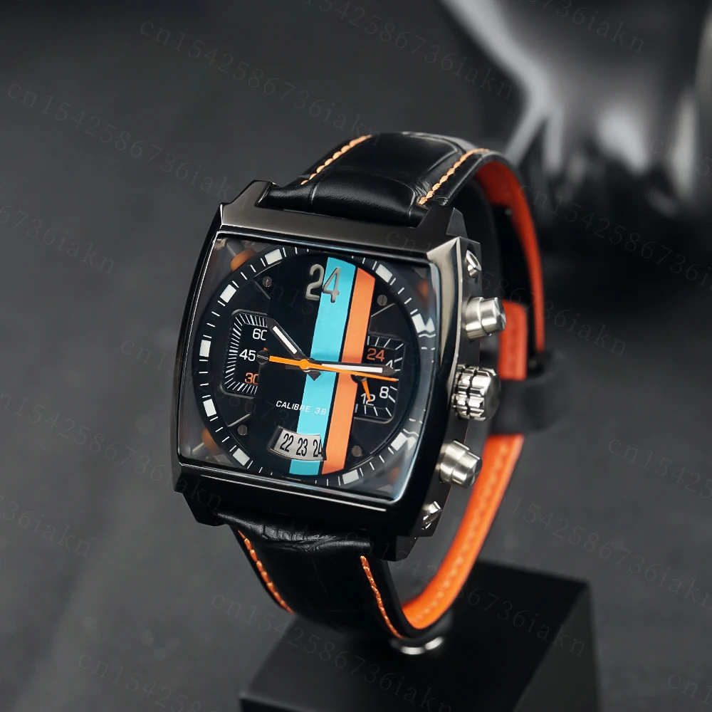 2022Fashion New Men's Color Bar Square Dial Sapphire Mirror Stainless Steel Leather Strap Sports Leisure Waterproof Quartz Watch