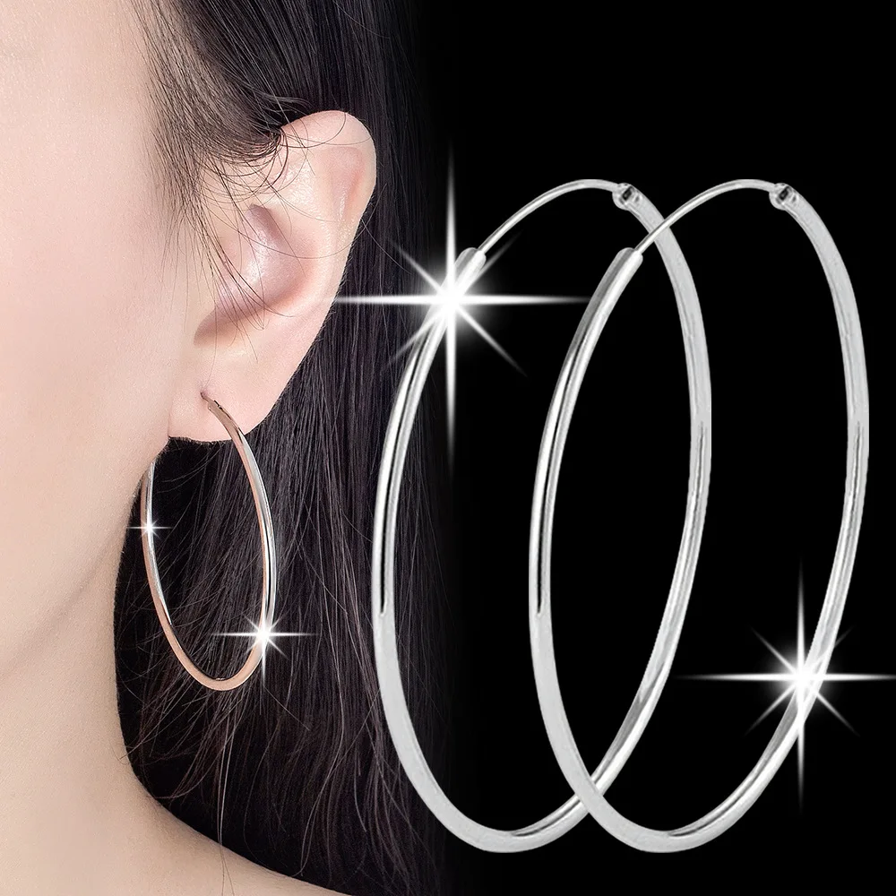 30/40/50/60MM 925 Silver Hoops Women Smooth Surface Luxury Earrings Wedding Quality Jewelry Gift Female - Image 3