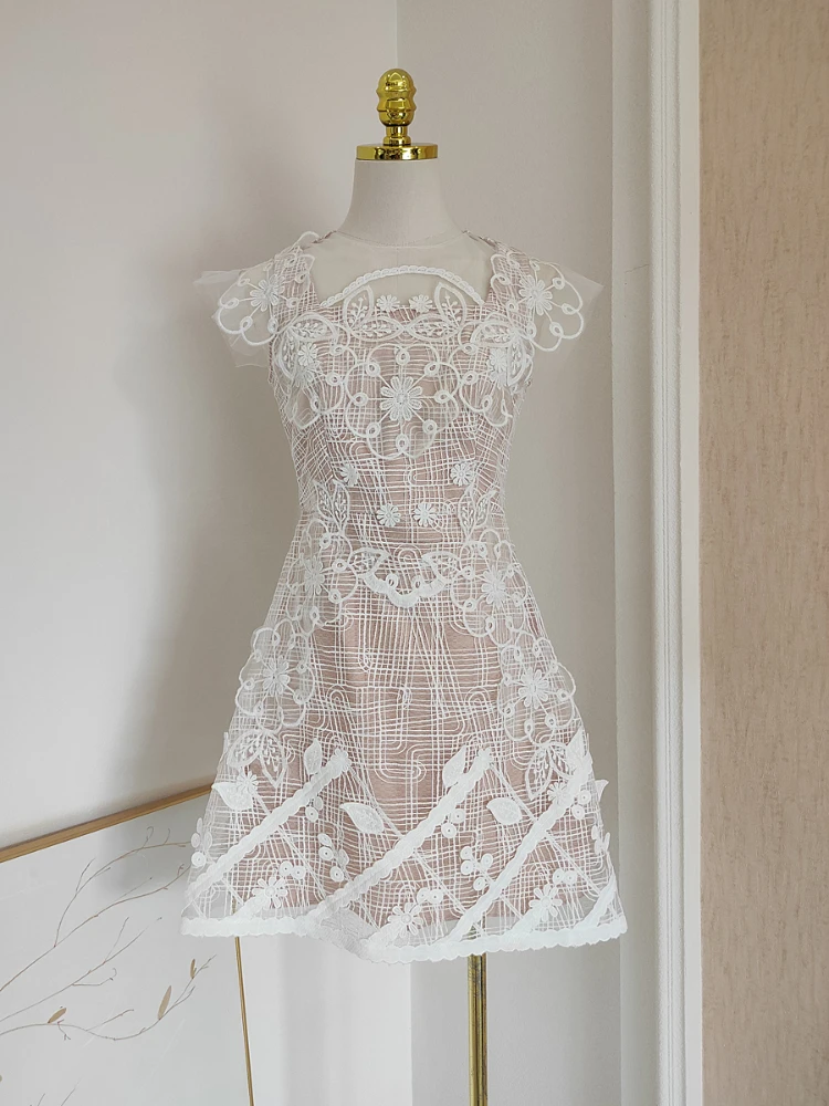 

Stereoscopic Embroidery Flower Mini Dress 2023 Summer New In Niche Design Mesh See-through Cut High Waist Slim Women Short Dress