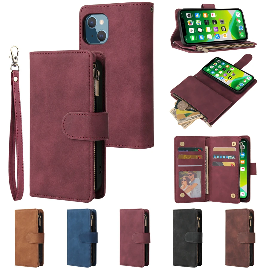 iPhone 14 Pro Max Luxury Leather Zipper Wallet Case with Wrist Strap and 7  Card Slots Brown