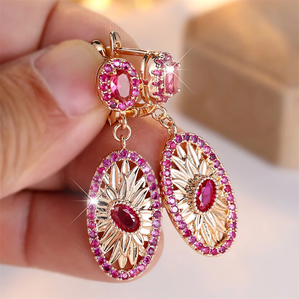 Rose Red Crystal Zircon Flower Big Oval Hoop Earrings For Women Vintage Gold Color Ear Buckle Wedding Jewelry Mother's Day Gifts