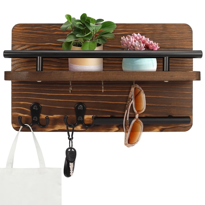Wooden Wall  with Shelf Home Key Decor for Entryway Hallway Key Holder with 5 Hooks Mail Organizer 5