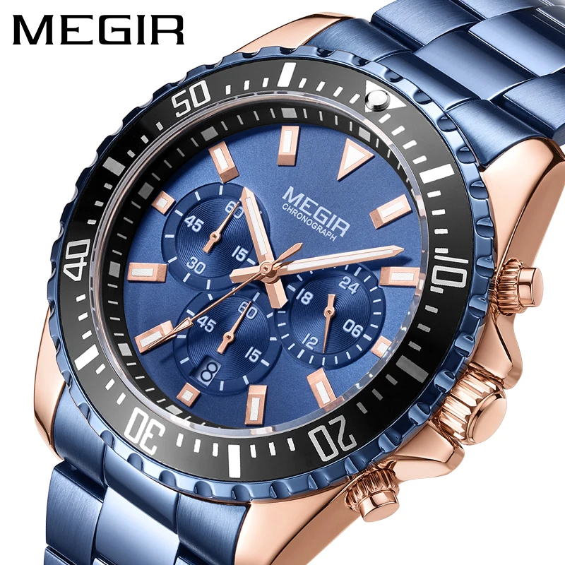 MEGIR Fashion Chronograph Quartz Watch for Men Stainless Steel Waterproof Luminous Sport Military Blue Watch Relogio Masculino