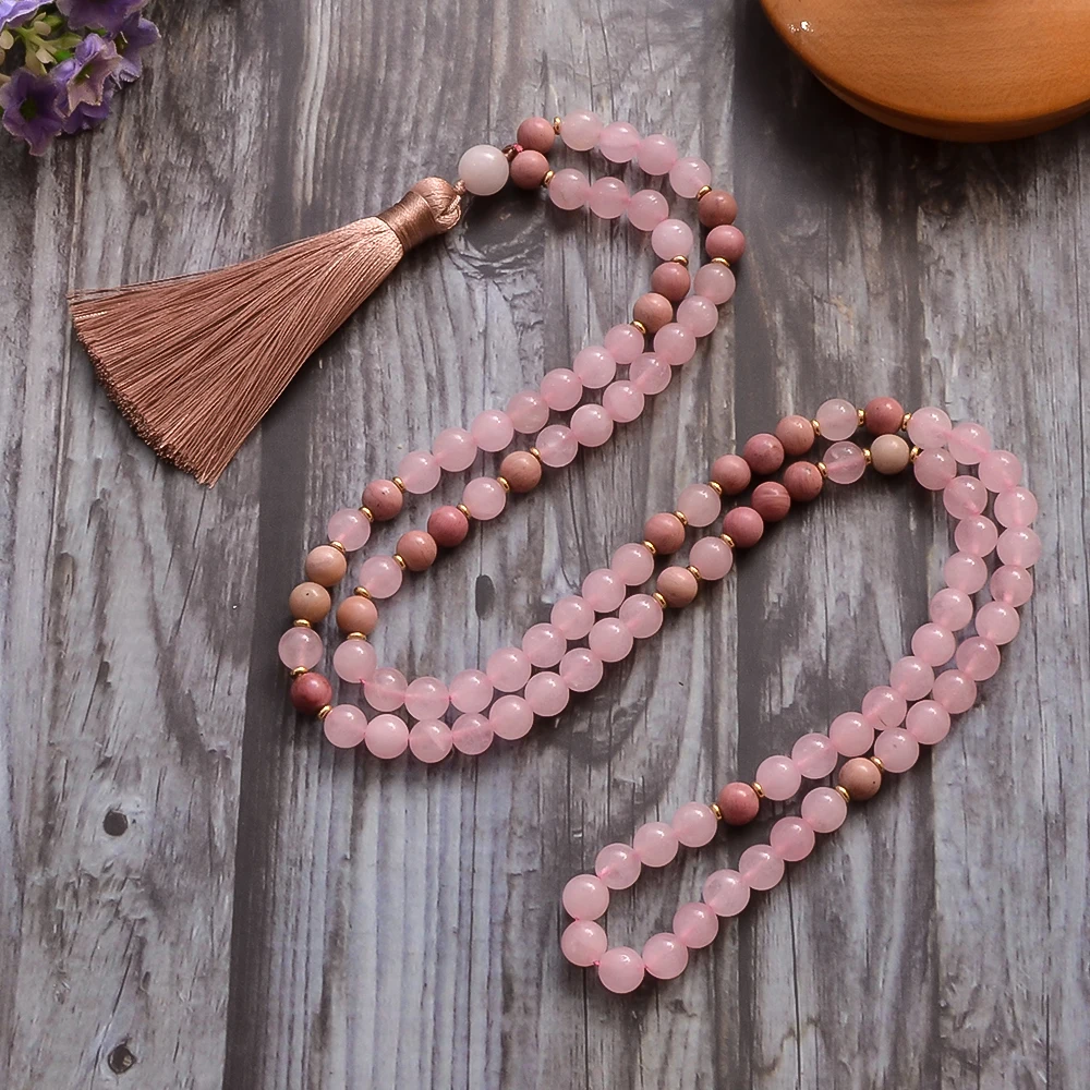 8Mm Rhododenite Rozenkwarts Kralen 108 Mala Ketting Meditatie Yoga Gebed Sieraden Met Armband Kwastje Rozenkrans Voor Vrouwen