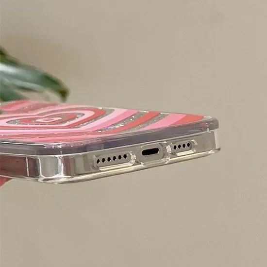 Transparent Border Silver Quicksand Pink Heart iPhone 12 13 14 15 Pro Max Case - Protective iPhone Case