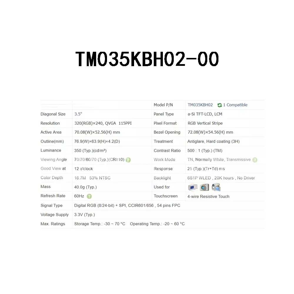 밀폐형  3.5 인치 TM035KBH02-00 LCD 디스플레이 스크린 패널, 산업 장비용 완전 테스트
