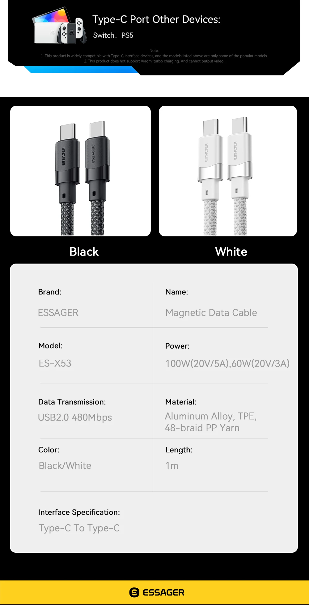 Essager USB C auf C 100 W magnetisches Schnellladekabel für iPhone 15 65 W Typ C auf C Datenladekabel für Laptop Samsung – Detail 12