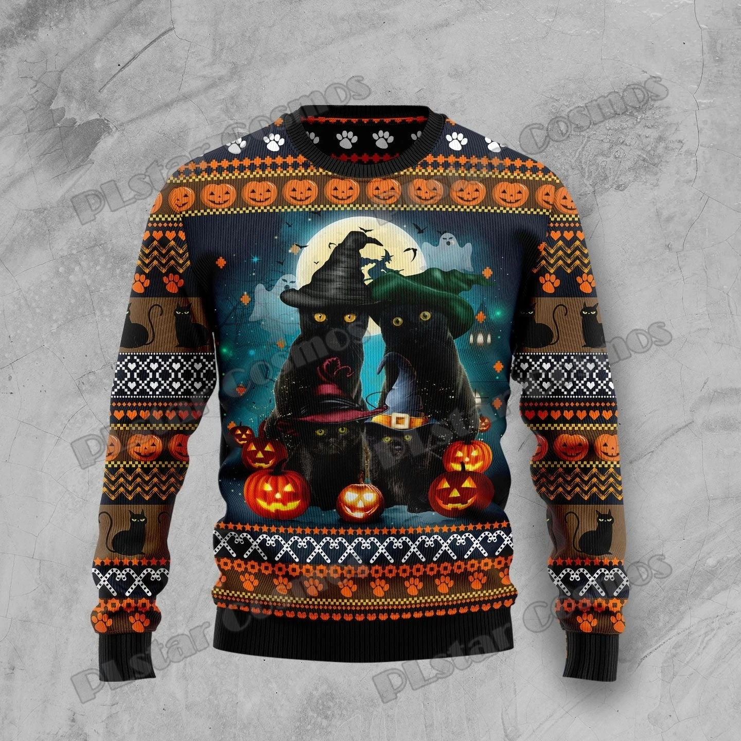PLstar Cosmos Black Cat Halloween 3D Printed Men's Ugly Christmas Sweater Winter Unisex Casual Knit Pullover Sweater ZZM22