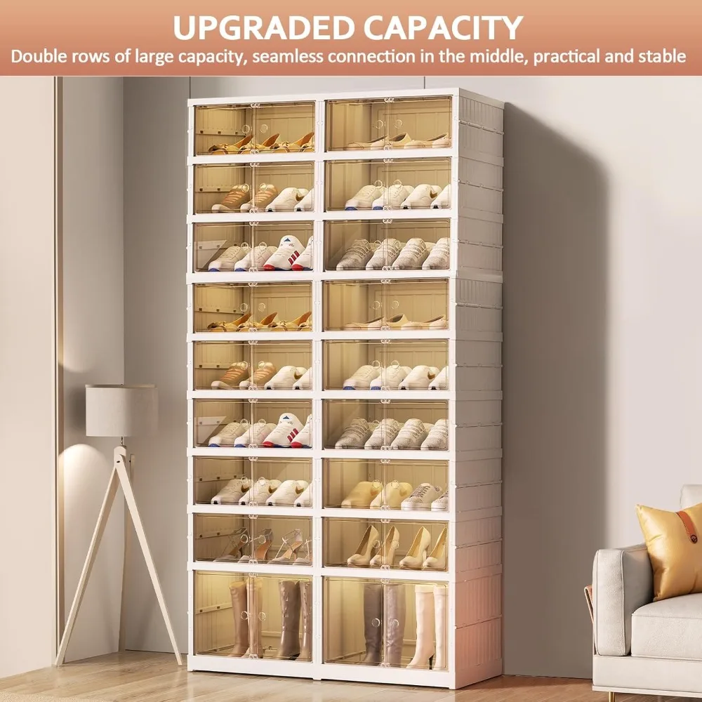 collapsible shoe rack organizer 9 tiers-36 pairs foldable shoe cabinet with doors, large plastic folding shoe cabinet, easy asse