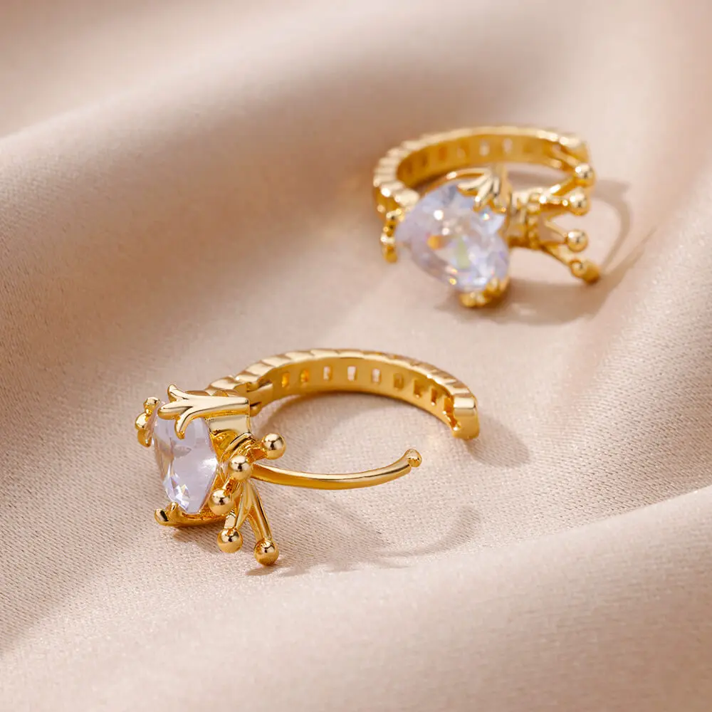 Fashion Stainless Steel Zircon Crown Heart Stud Earrings for Women