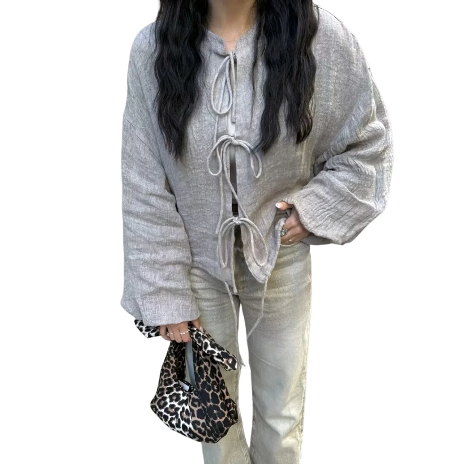 여성용 중국 스타일 오픈 프론트 타이업 디자인 재킷, 라운드 넥, 루즈 캐주얼, 긴팔 탑, 신상 