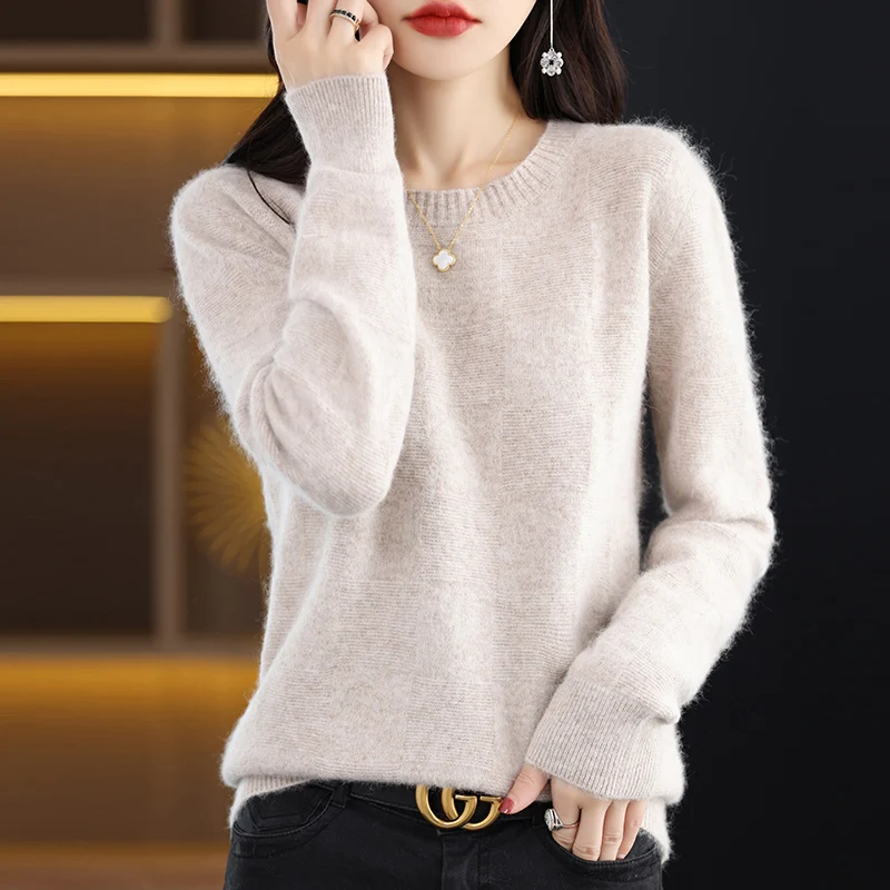 Autumn and Winter New O-Neck Women's Sweater 100% Pure Mink Cashmere Knitted Pullover Solid Color Slim Fit Fashion Top 4