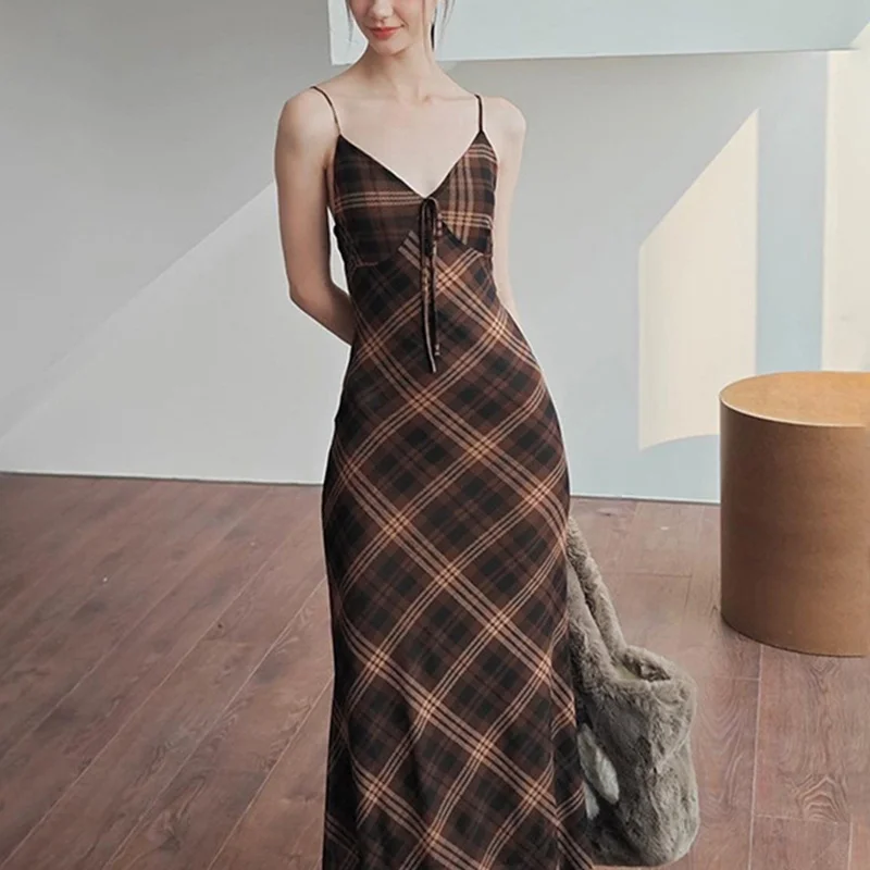 y2k Plaid Dress Women Vintage Clothes V Neck Spaghetti Strap Sleeveless Side Split Long Desses Going Out Party Dresses