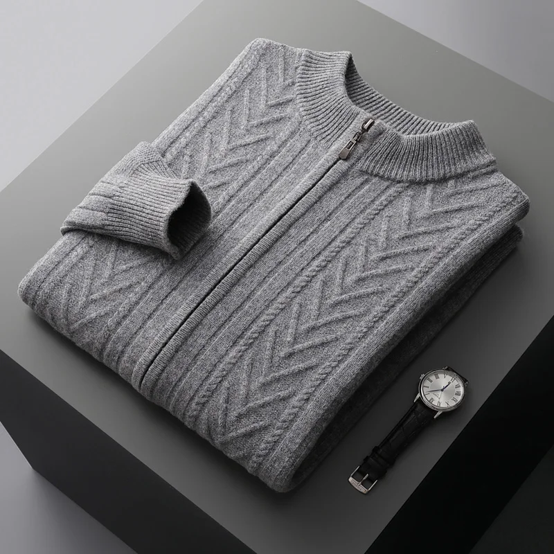 

Autumn and winter new 100% wool cashmere cardigan men's zipper stand collar knitted padded coat youth Joker plus size sweater