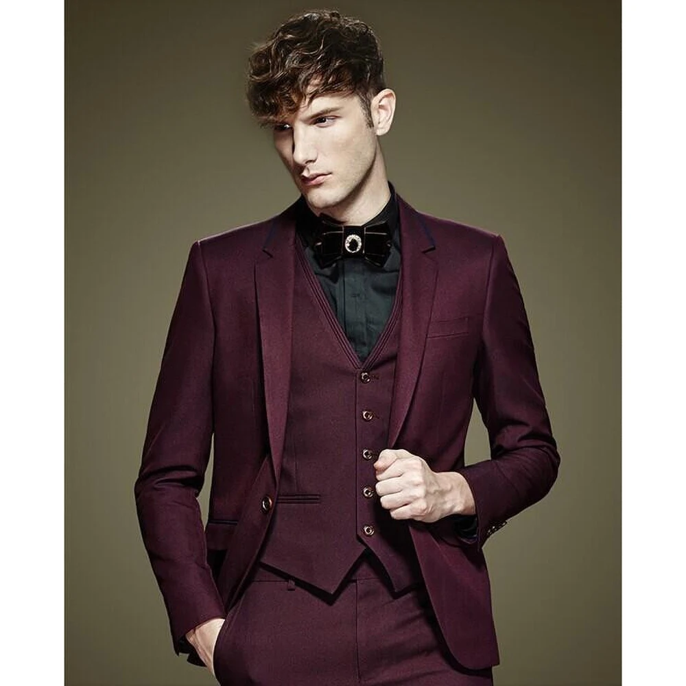 

Burgundy Notch Lapel One Button Jacket+Pants+Vest+Tie Fashion Terno Masculino Costume Homme Elegant Men Suits Formal Handsome