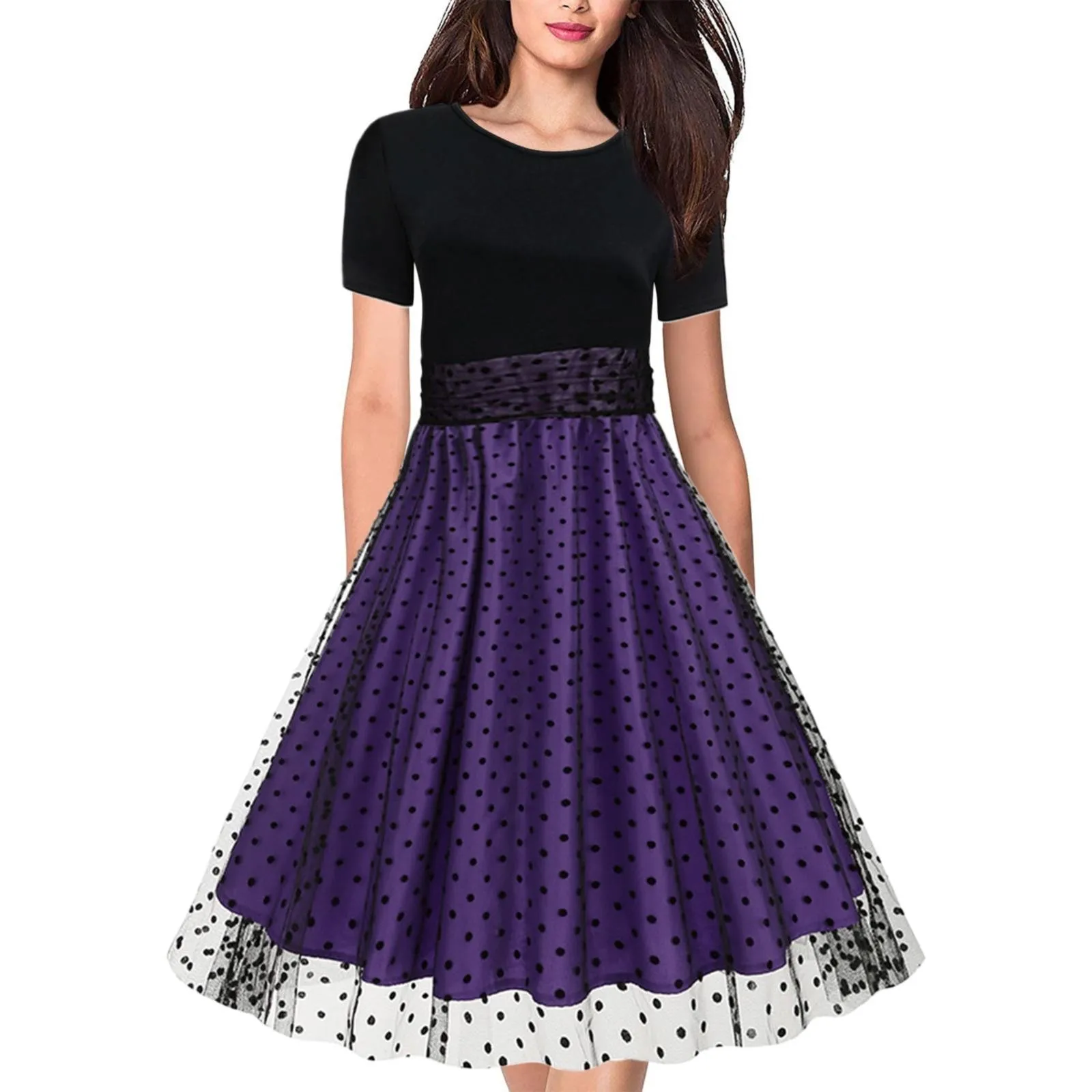 

Elegant Party Dress Crewneck Short Sleeve Polka Dot Patchwork Vintage Dress Women High Waist Mesh Pleated Long Summer Dresses