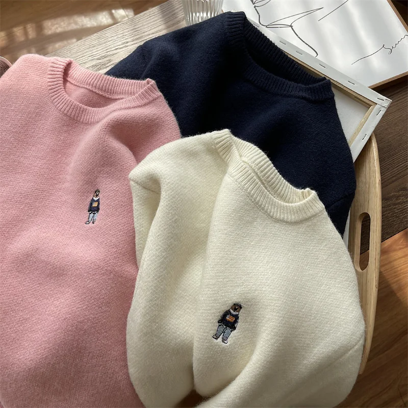 

2023 Women Knitted Sweater Autumn Winter Embroidery O-neck pullover Tops Sweet Students Thicken Bottom Shirt Girl loose Sweaters