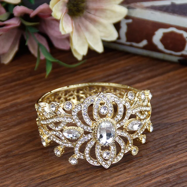 Sunspicems 18K Gold Color Crystal Morocco Cuff Bracelet Bangle Algeria Bride Wedding Jewelry Flower Turkey Arabic Bangle Gift 4
