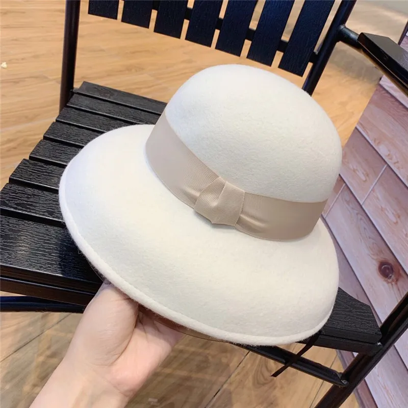 

R040 Adult Wool Fascinators Fedora Hat Women White Church Hats Wedding Ladies Bucket Cap Felt Bow Berets Caps Pillbox Hat