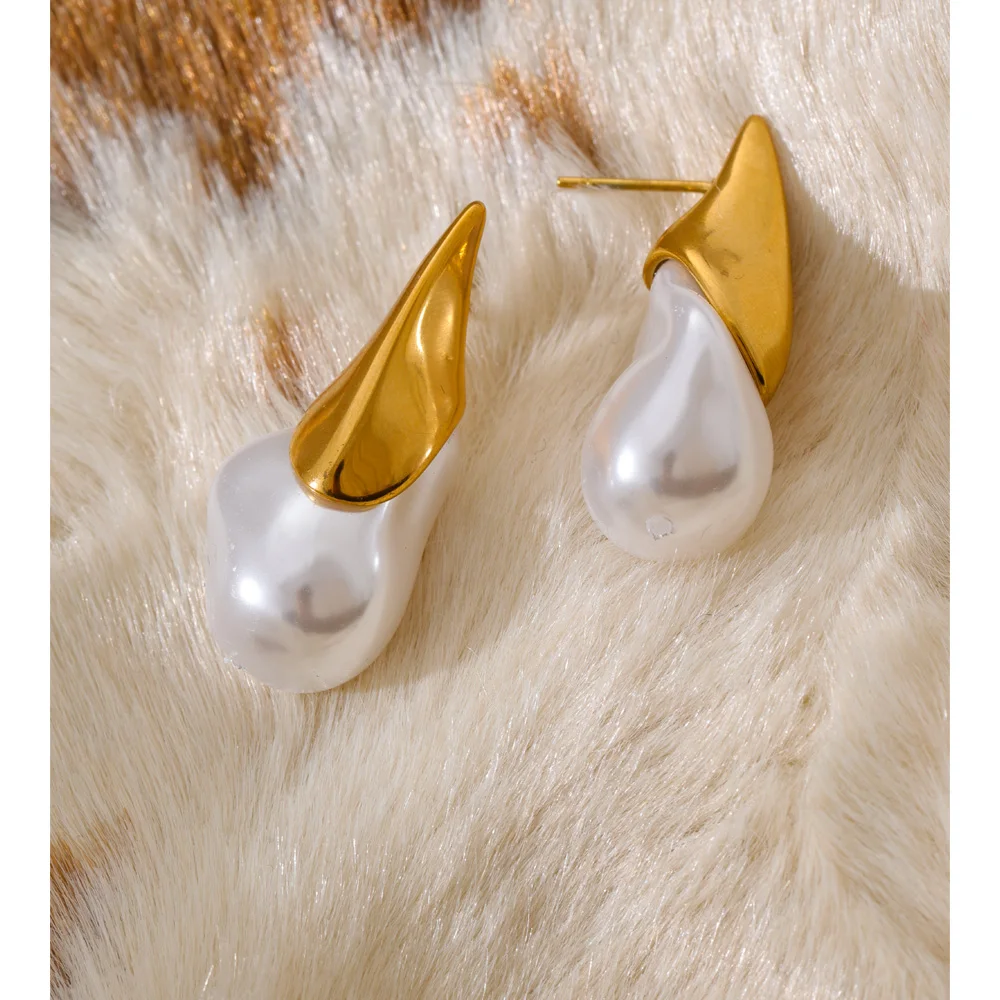 Yhpup Simulated Pearl Earrings 18K Gold Plated Stainless Steel