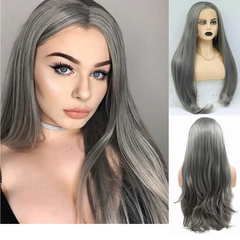 

Длинные Серые синтетические кружевные передние парики для женщин, натуральные серые волосы, термостойкие, без клея, синтетические кружевные парики, бесплатная часть 26 дюймов