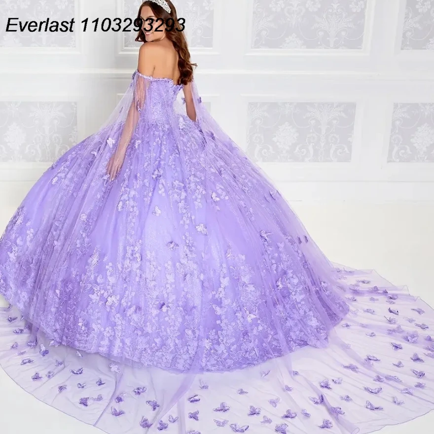 EVLAST Mint Green Quinceanera Dress Ball Gown 3D Lace Applique Beaded Spaghetti With Cape Sweet 16 Vestido 15 De A&ntilde;os TQD243 quinceanera dresses