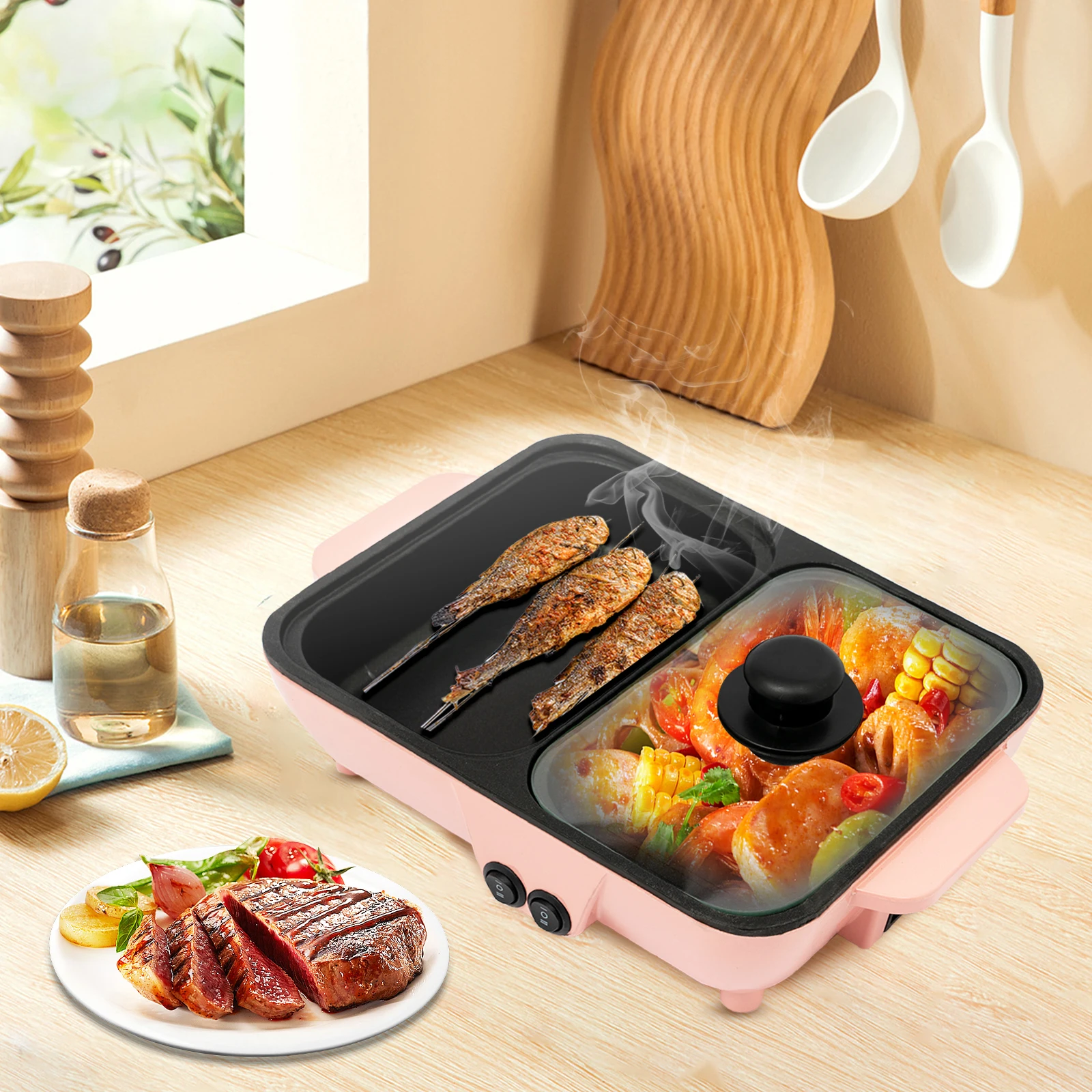 2 in 1 Electric Hot Pot Barbecue Grill Non-Stick Pan 110V Mini Shabu Shabu Hot Pot BBQ Grill Portable Home Kitchen Tools