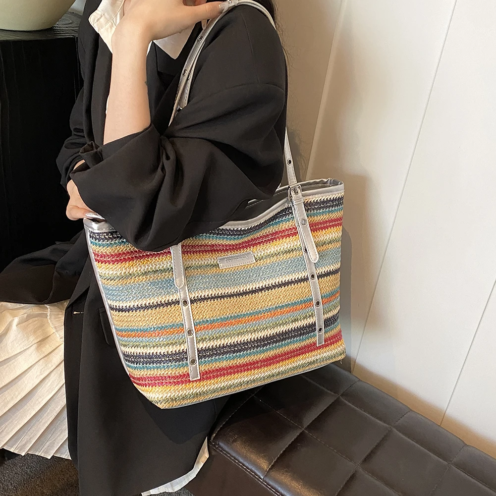 Large Capacity Straw Tote Handbag Woven Bag for Women Beach Vacation Shoulder Bag Shopper Tote Basket Causal Commuting Tote Bag