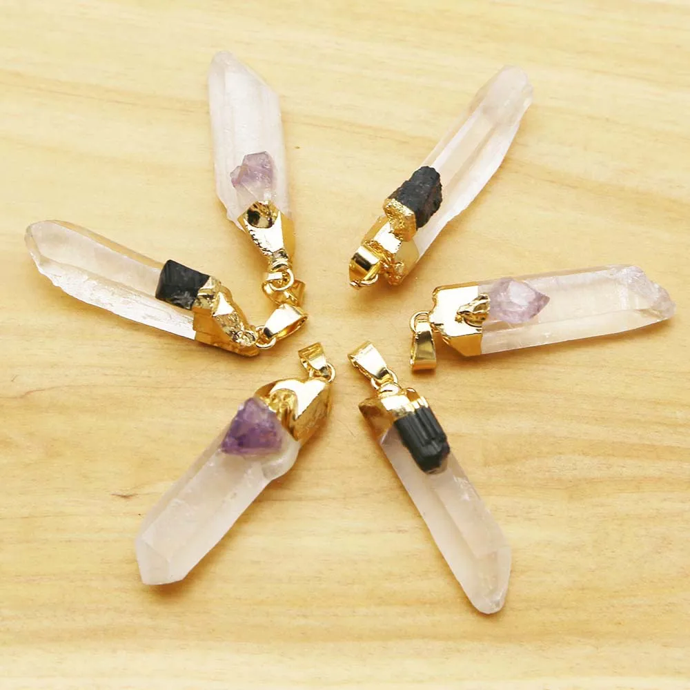 Sell Natural Raw Stone White Crystal Pillar Necklace Pendant Inset Obsidian Amethyst Charm Jewelry Accessories Wholesale 6Pc/Lot