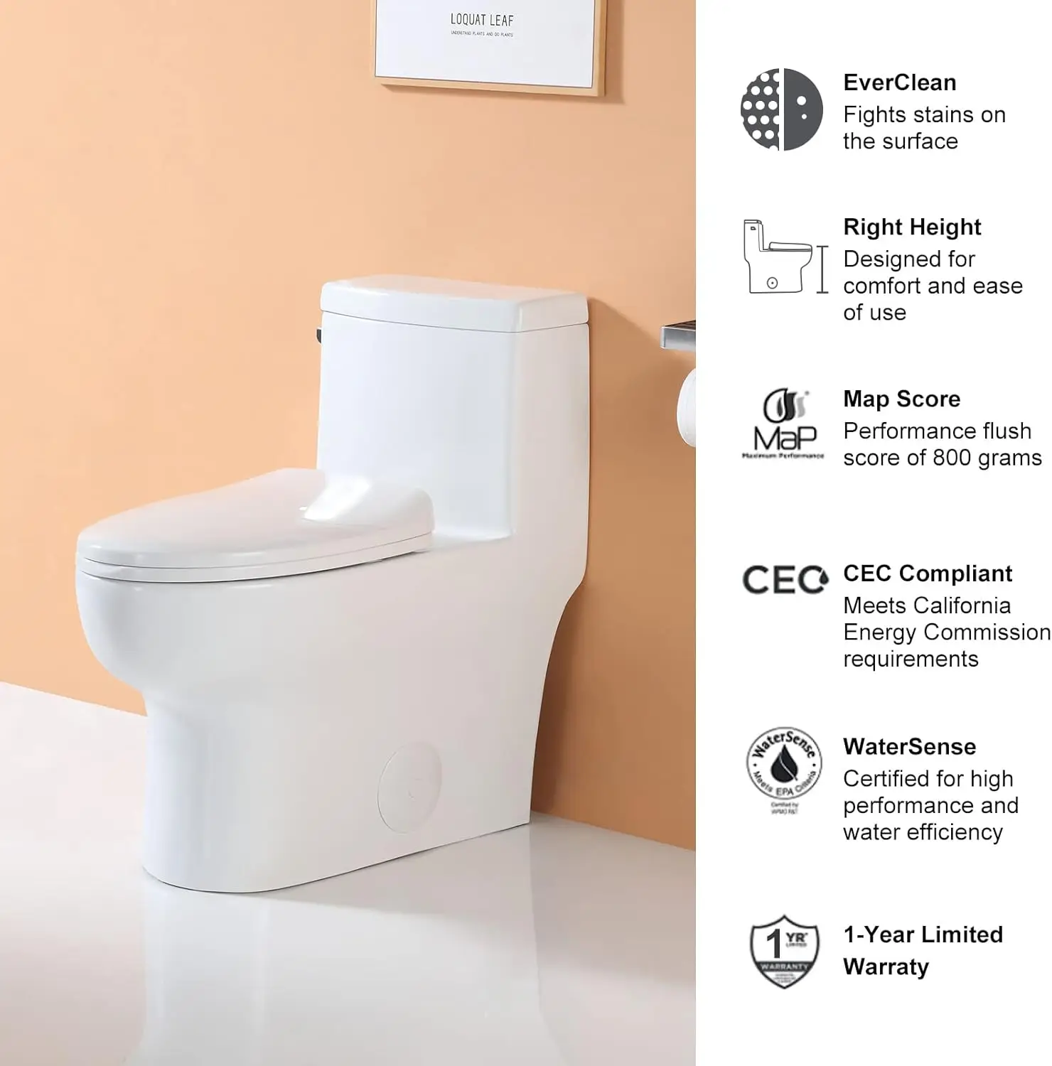 Horow Hr-St076W Elongated Toilet With Left-Hand Trip Lever, One Piece Toilet For Bathroom, Soft Closing Seat Include, Single 5