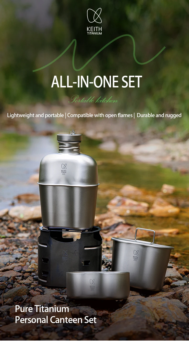 Keith Titan Camping-Kochgeschirr-Set All-in-One 1,1L Wasserkessel 700ml Topf 350ml Becher mit Campingkocher Ultraleichtes Outdoor-Kochset – Detail 1