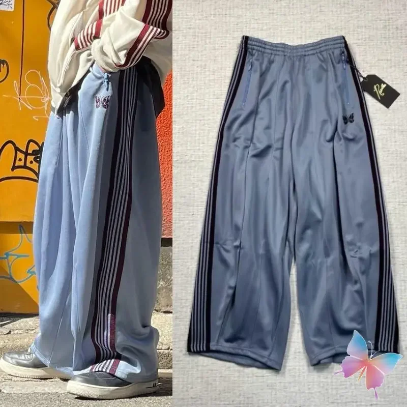 

Real Photos 1:1 Embroidered Butterfly Wide Plate AWGE Needles Sweatpants Casual Men Women Side Stripes Needles Wide Leg Pants