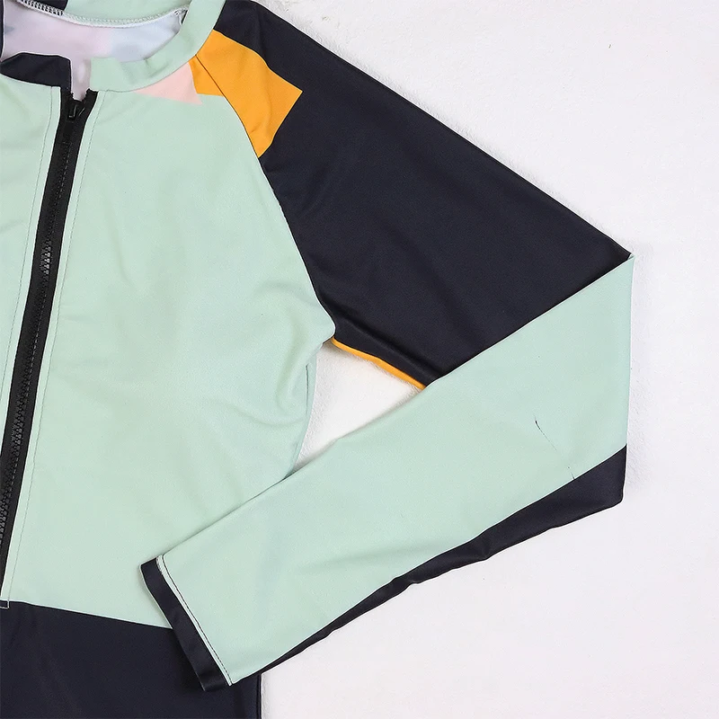 Tengweng Women's Swimwear Long Sleeved Zipper Round Neck Surfing Suit Color Blocked One-piece High Waisted Women's Swimsuit