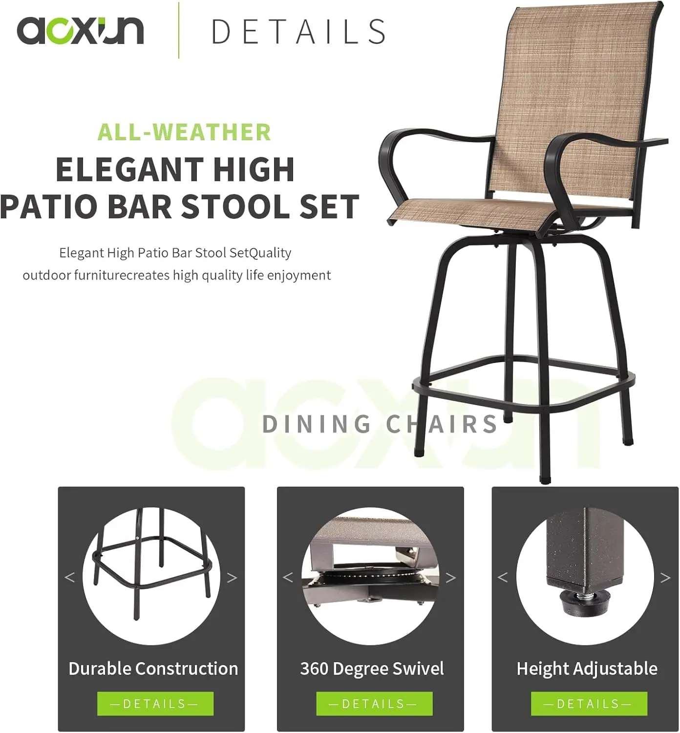 3 Pcs Outdoor Swivel Bar Stools Set - 2 Patio Stools with 1 Table, Outdoor Bar Table and Chairs Set for Yard, Garden