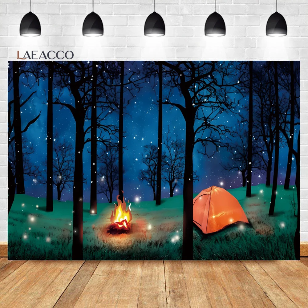 

Laeacco Night Scene Enchanted Forest Camp Backdrop Camping Theme Birthday Baby Shower Portrait Customized Photography Background