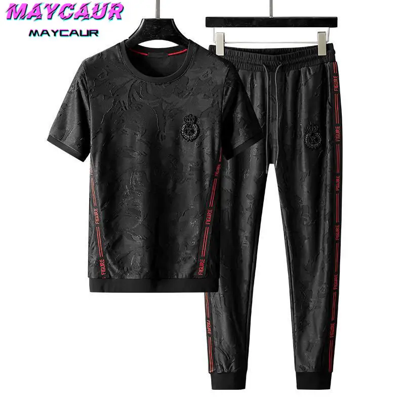 Men Sets High-quality High-end Light Luxury Brand New Summer Fashion Brand Jacquard Hot Drilling Leisure Sports Two Joggers Set