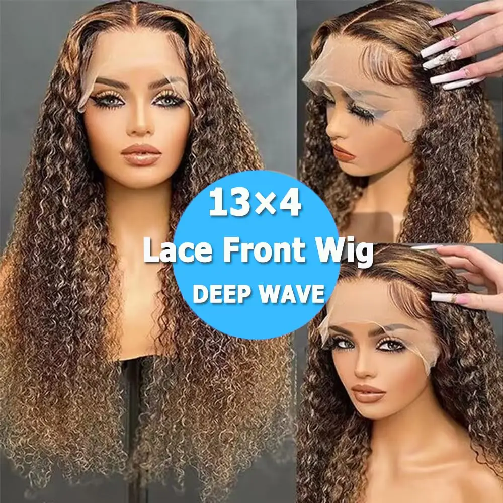 Highlight 13x4 Lace Front Wig Deep Wave 13x4 Lace Frontal Wig Remy Human Hair P4/27 Honey Blonde Pre Plucked For Women