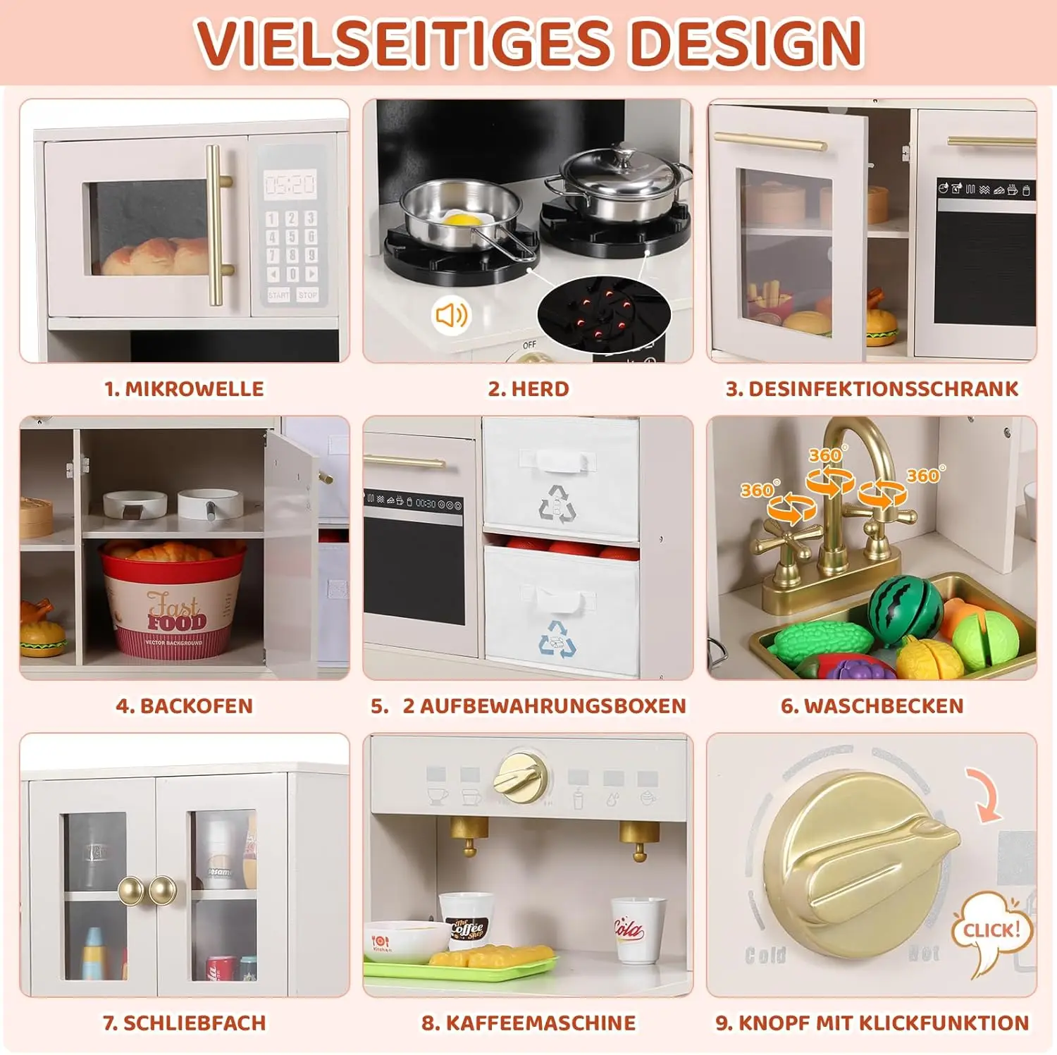 Play Kitchen for Kids, Wooden Pretend Toy Kitchen, Large Toodler Cooking Playset w/Cookware, Stove w/Light & Sound, Fabric Boxs
