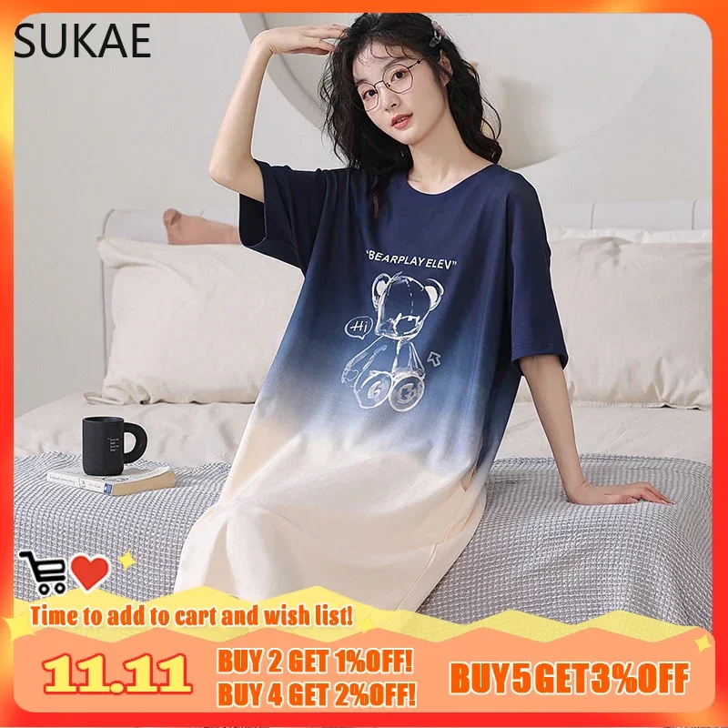 SUKAE Big Size Womens Nightgowns Summer Milk Silk Short Sleeves Sleepshirt L-5XL Woman Dress Leisure Lingerie O-neck Nightdress