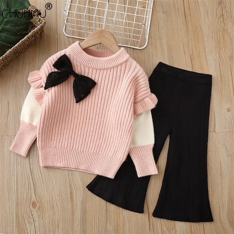 Baby Girls Winter Clothes Set Warm Outfits Kids Girls Flower Knit Sweater and Pants Autumn Girl Clothing Set Children Costume